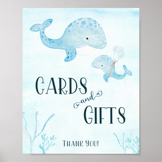 水色クジラの赤ちゃんシャワーカードとギフトサイン ポスター (正面)