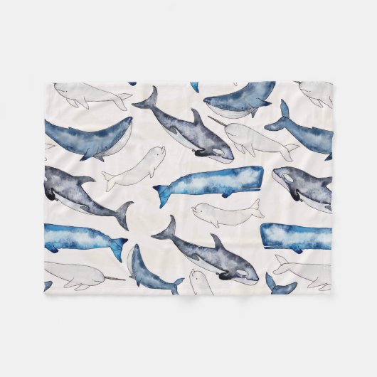 水色クジラ フリースブランケット (正面(横))