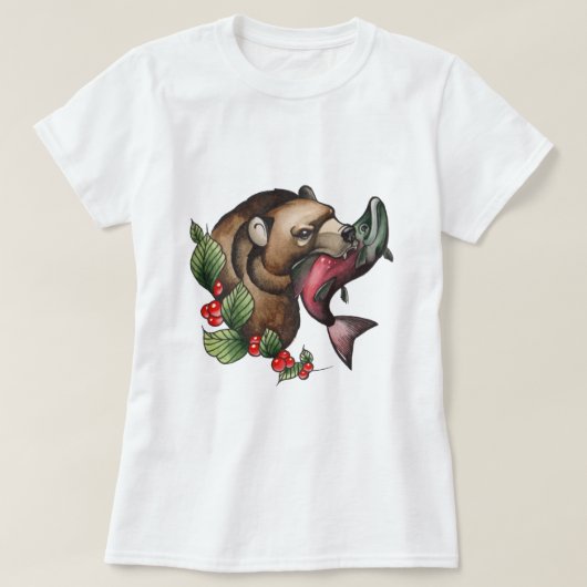 水色クマとサケ Tシャツ (デザイン正面)