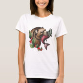 水色クマとサケ Tシャツ (正面)