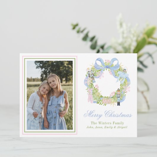 水色クリスマスくるみ割りリース写真 シーズンカード (スタンド正面)