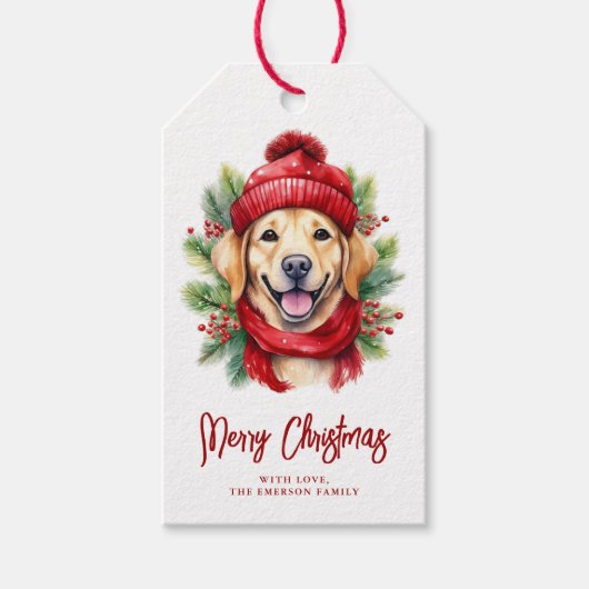 水色クリスマスイエローラブラドール犬 ギフトタグ (正面)