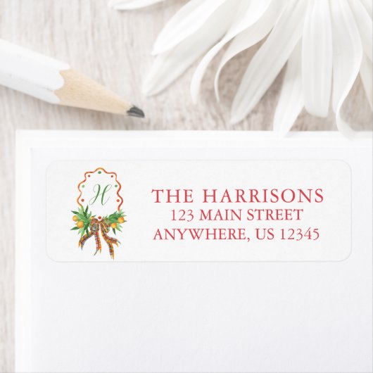 水色クリスマスオレンジの格子弓モノグラム ラベル (インサイチュ)