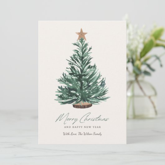水色クリスマスカードグリーンツリーと星付き シーズンカード (スタンド正面)