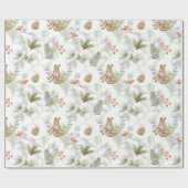 水色クリスマスキツネ、松の枝、ベリー ラッピングペーパー (フラット)