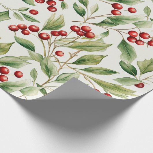 水色クリスマスグリーンホリーと赤い果実 ラッピングペーパー (角)
