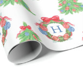 水色クリスマスサッカーモノグラムリースツリー ラッピングペーパー (ロールコーナー)