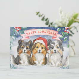 水色クリスマスシェットランド・ シープドッグハッピーハウリデイズカード