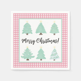 水色クリスマスツリーとピンクの格子柄ナプキン スタンダードカクテルナプキン