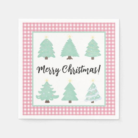 水色クリスマスツリーとピンクの格子柄ナプキン スタンダードカクテルナプキン (正面)