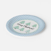 水色クリスマスツリーとブループレイド紙 ペーパープレート (アングル)