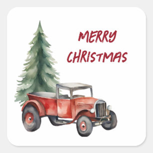水色クリスマスツリーとヴィンテージトラック スクエアシール