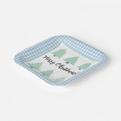 水色クリスマスツリーと青い格子模様の正方形 ペーパープレート (傾斜あり)