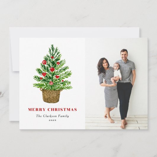 水色クリスマスツリーのウィッカーバスケット写真 シーズンカード (正面)