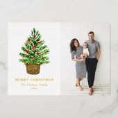 水色クリスマスツリーのウィッカーバスケット写真 箔シーズンカード (正面)