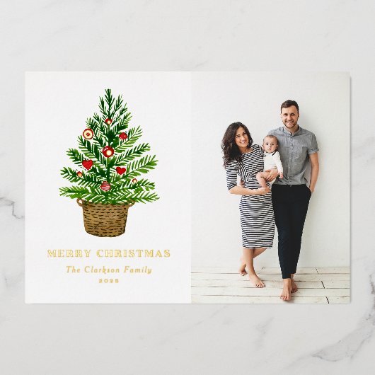 水色クリスマスツリーのウィッカーバスケット写真 箔シーズンカード (正面)