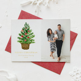 水色クリスマスツリーのウィッカーバスケット写真 箔シーズンカード