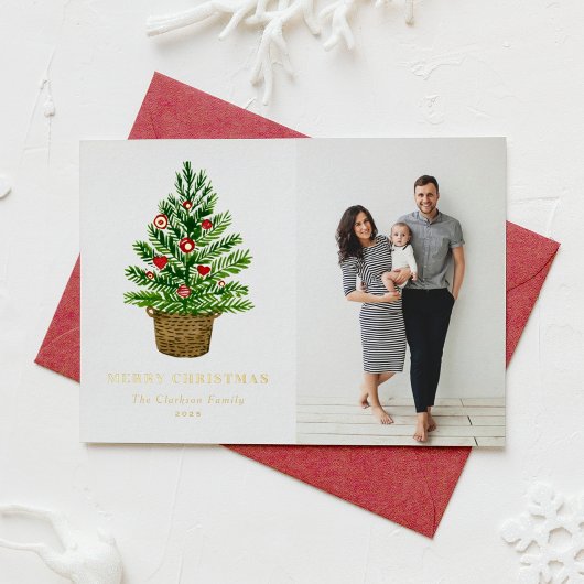 水色クリスマスツリーのウィッカーバスケット写真 箔シーズンカード