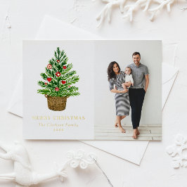 水色クリスマスツリーのウィッカーバスケット写真 箔シーズンポストカード