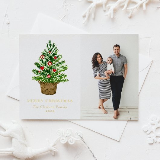 水色クリスマスツリーのウィッカーバスケット写真 箔シーズンポストカード