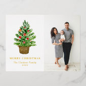 水色クリスマスツリーのウィッカーバスケット写真 箔シーズンポストカード (正面)