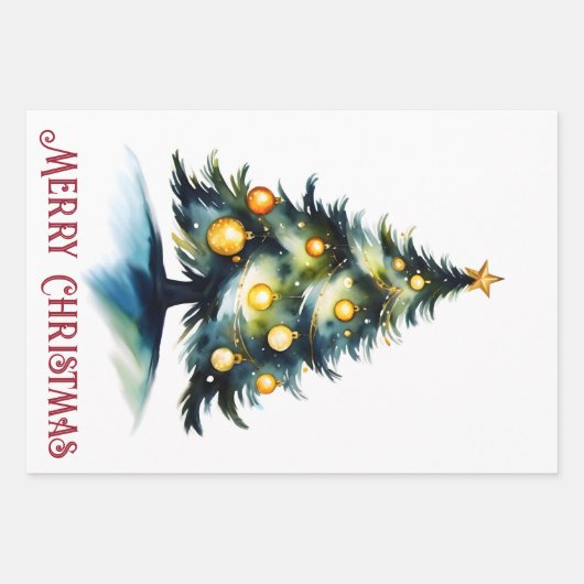 水色クリスマスツリーの挨拶 ラッピングペーパーシート (正面)