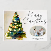 水色クリスマスツリー芸術的フォトフォイルカード 箔招待状 (正面)