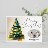 水色クリスマスツリー芸術的フォトフォイルカード 箔招待状 (立ち正面)