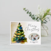 水色クリスマスツリー芸術的フォト金ゴールド 箔シーズンポストカード (立ち正面)