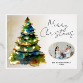 水色クリスマスツリー芸術的フォト金ゴールド 箔シーズンポストカード (正面)