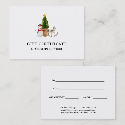 水色クリスマスツリー雪だるまギフト証明書 割引カード (正面/裏面)