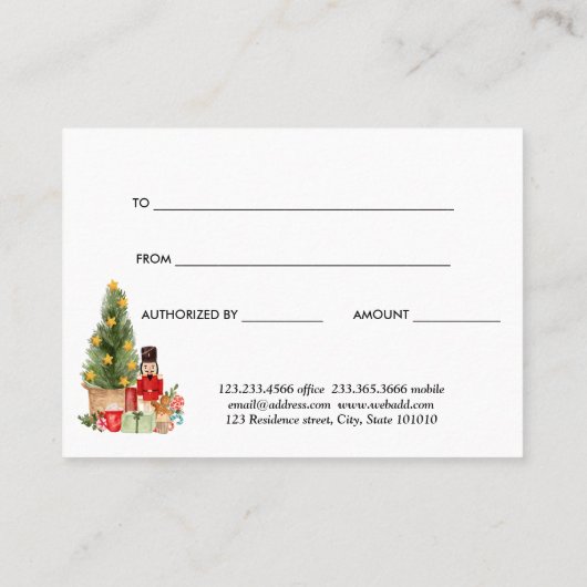 水色クリスマスナツクラッカーギフト証明書 割引カード (裏面)