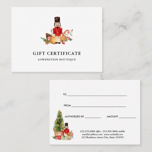 水色クリスマスナツクラッカーギフト証明書 割引カード (正面/裏面)