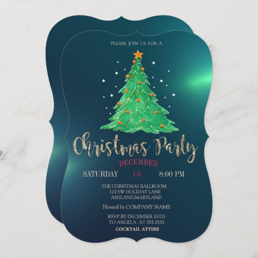 水色クリスマスパインツリー、グリーンカンパニーパーティー 招待状 (正面/裏面)