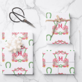 水色クリスマスブーツモノグラムクレスト ラッピングペーパーシート