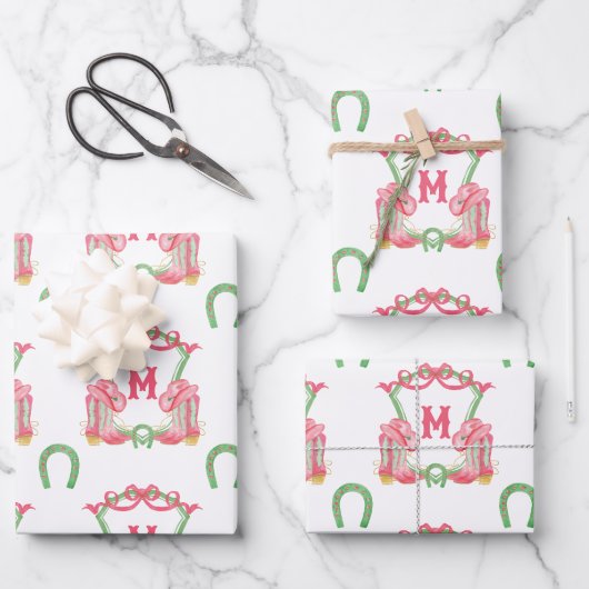 水色クリスマスブーツモノグラムクレスト ラッピングペーパーシート (正面)