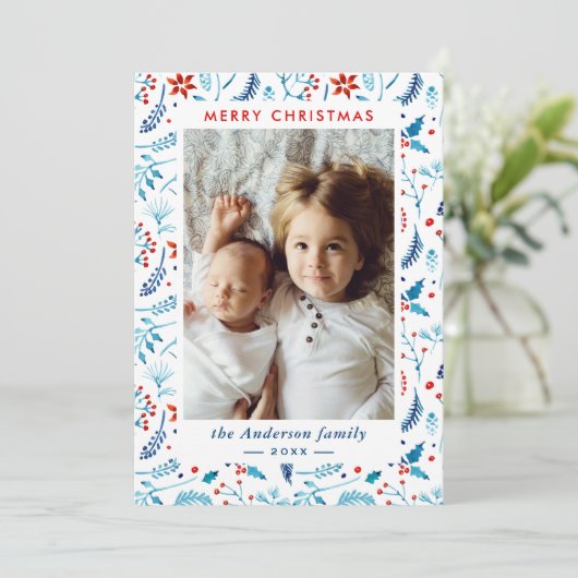 水色クリスマスベリーフォトフレームフラット シーズンカード (スタンド正面)