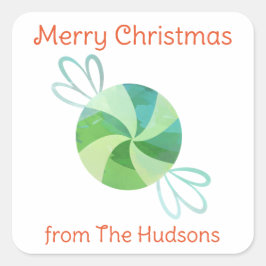 水色クリスマスペパーミントキャンディーギフトステッカー スクエアシール