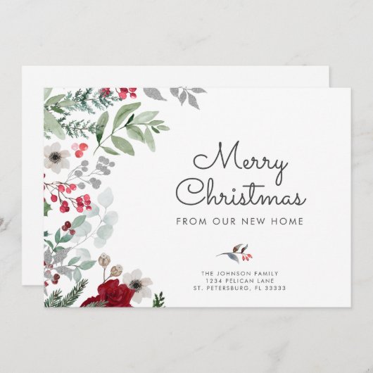 水色クリスマスボタニカルフローラ新しいアドレス 案内状 (正面/裏面)