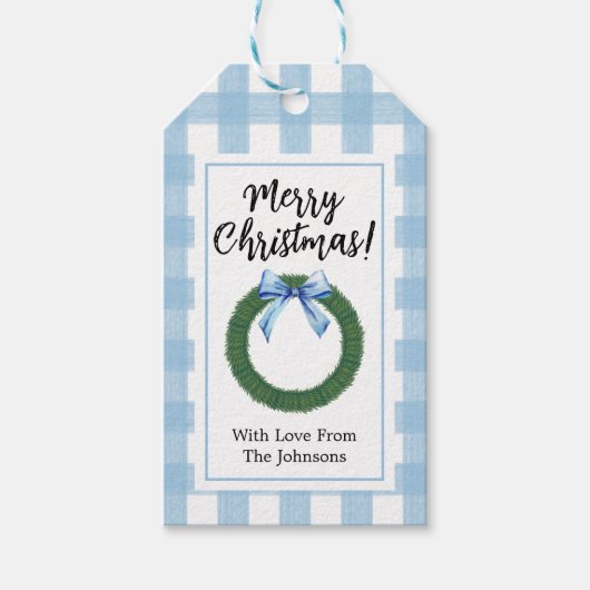 水色クリスマスリースとBlue BowGiftラベル ギフトタグ (正面)
