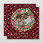 水色クリスマスリース星赤い格子写真 シーズンカード (正面/裏面)