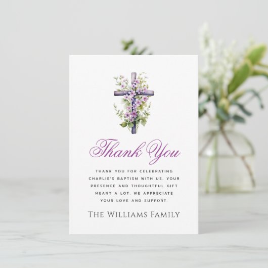 水色クロスパープル花のバプテスマ感謝していス サンキューカード (スタンド正面)