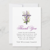 水色クロスパープル花のバプテスマ感謝していス サンキューカード (正面)