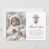水色クロスパープル花のバプテスマ感謝していス サンキューカード (正面)