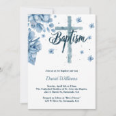 水色クロス花模様ダスティブルーボーイバプテスマ 招待状 (正面)