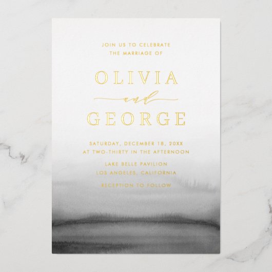 水色グラデーション濃グレーモダン結婚ズ 箔招待状 (正面)