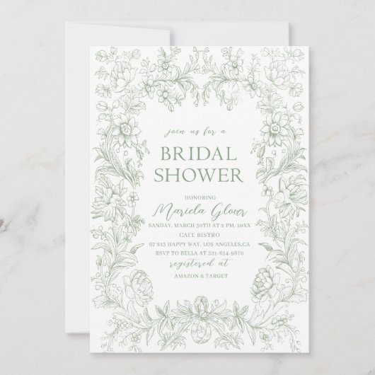 水色グリーンエレガントフローラチノイスリーブリダ 招待状 (正面)