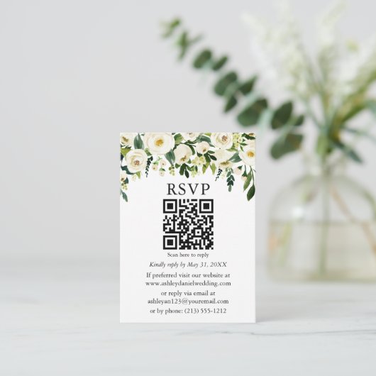 水色グリーンホワイトフローラQRウェディングRSVP エンクロージャーカード (スタンド正面)
