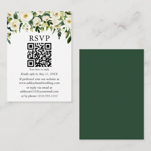 水色グリーンホワイトフローラQRウェディングRSVP エンクロージャーカード (正面/裏面)