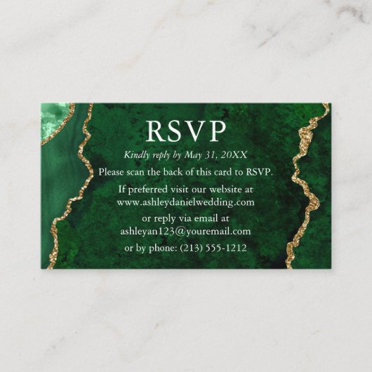 水色グリーンマーブルウェディングRSVP QRバック エンクロージャーカード (正面)